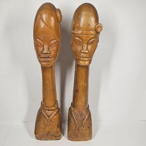 2 Wooden Head Statues Elongated Necks 16" MCM Monkey Pod Wood Philippines Vtg